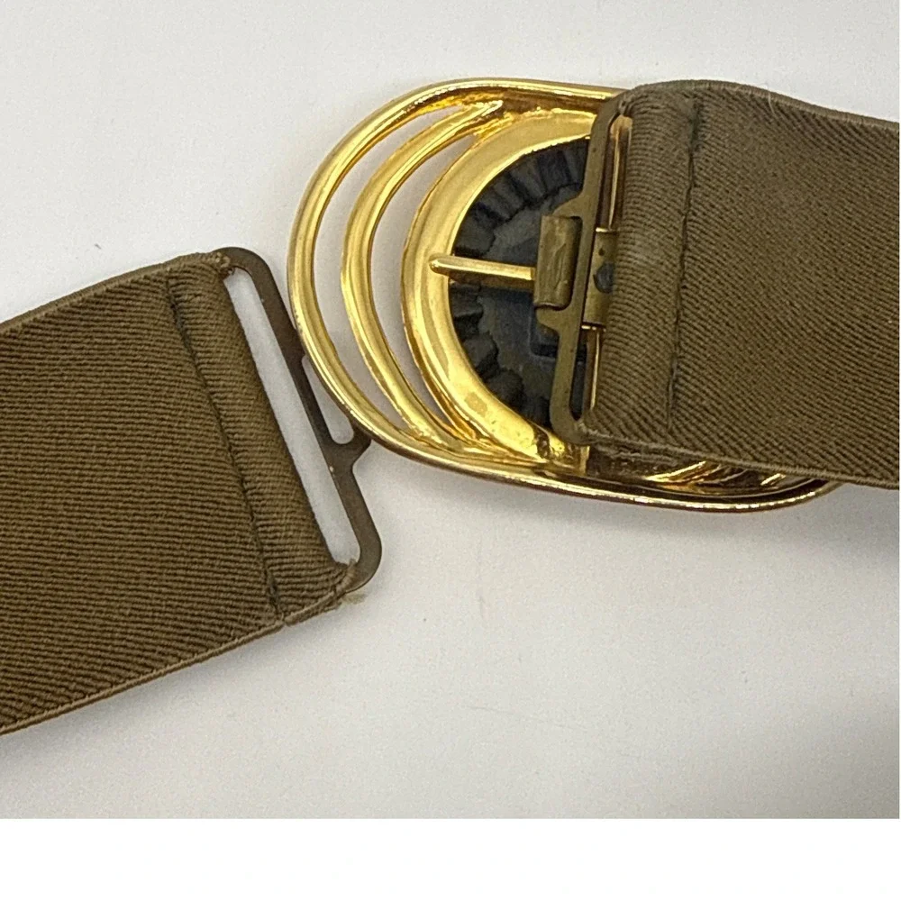 Vintage Wide Elastic Cinch Belt Olive Brown Gold Black Buckle Retro 25